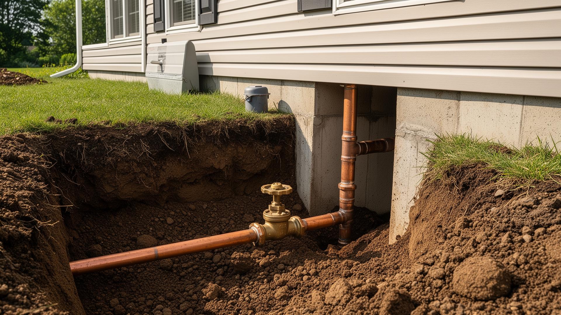 Completed water main connection at house foundation